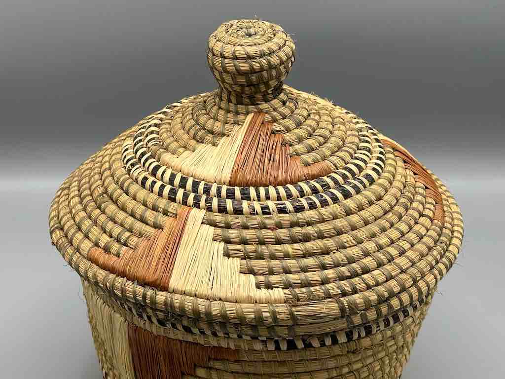 Large Vintage Covered Batwa Raffia Basket - Uganda