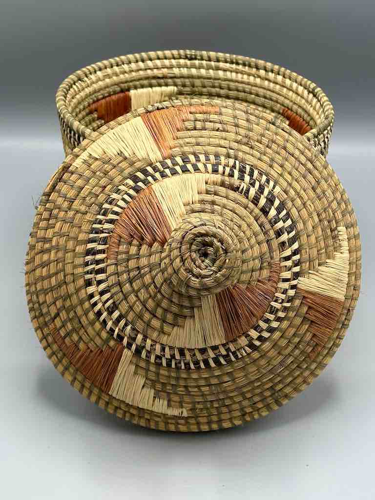 Large Vintage Covered Batwa Raffia Basket - Uganda