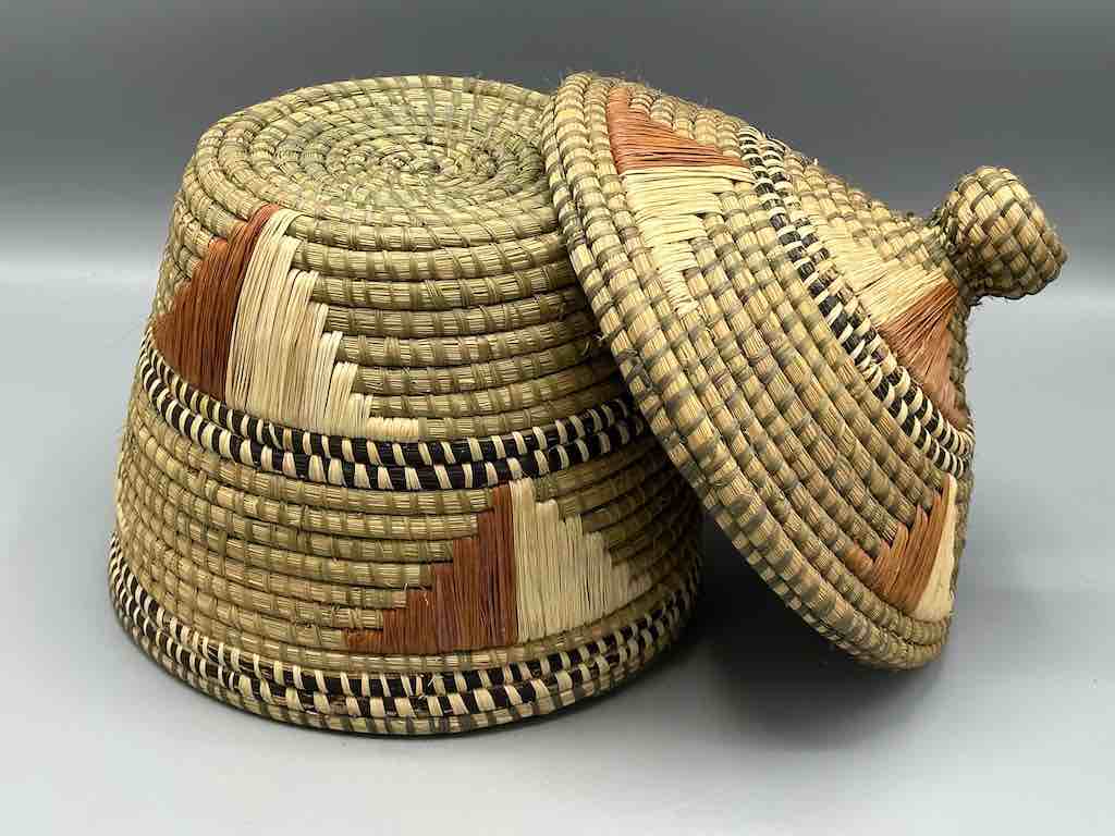 Large Vintage Covered Batwa Raffia Basket - Uganda