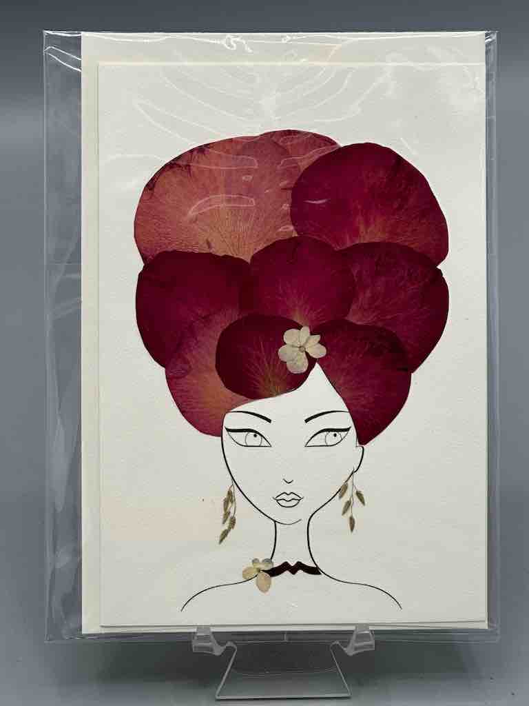 Handmade Pressed Dried Real Flower Greeting Card - Woman Hairdo