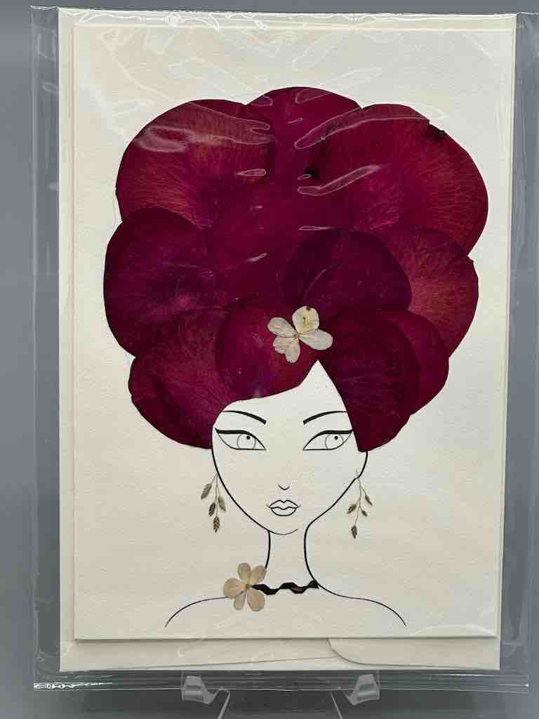 Handmade Pressed Dried Real Flower Greeting Card - Woman Hairdo