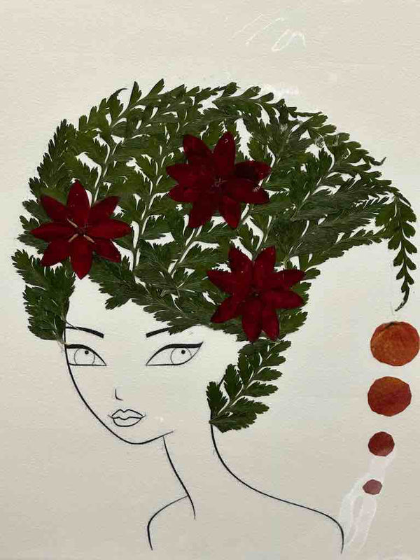 Handmade Pressed Dried Real Flower Greeting Card - Woman Hairdo
