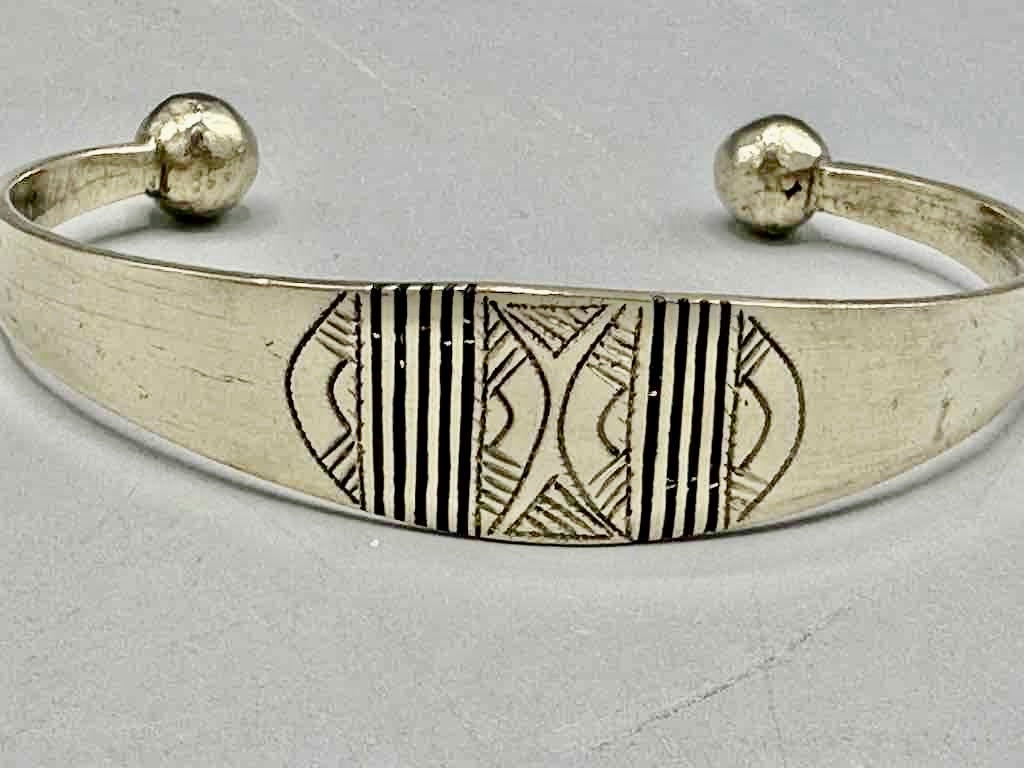 Large Wide Tuareg Inlaid Etched Coin Silver Bracelet