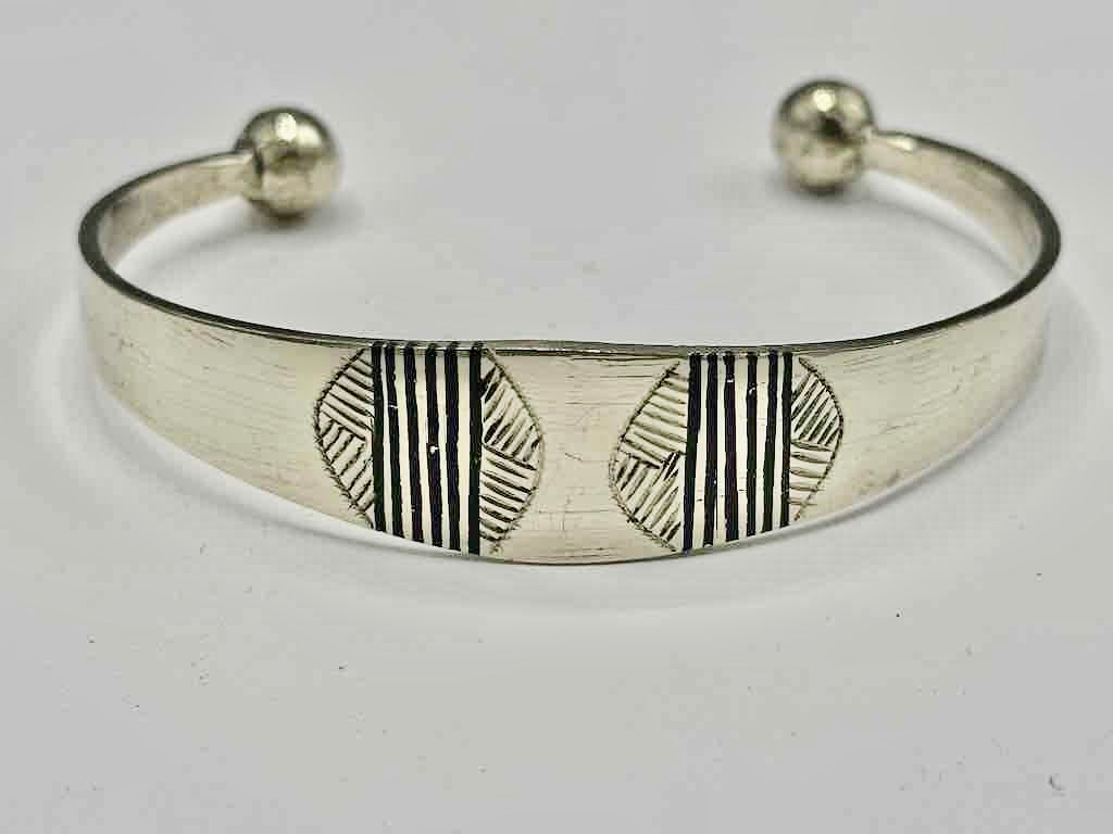 Large Wide Tuareg Inlaid Etched Coin Silver Bracelet