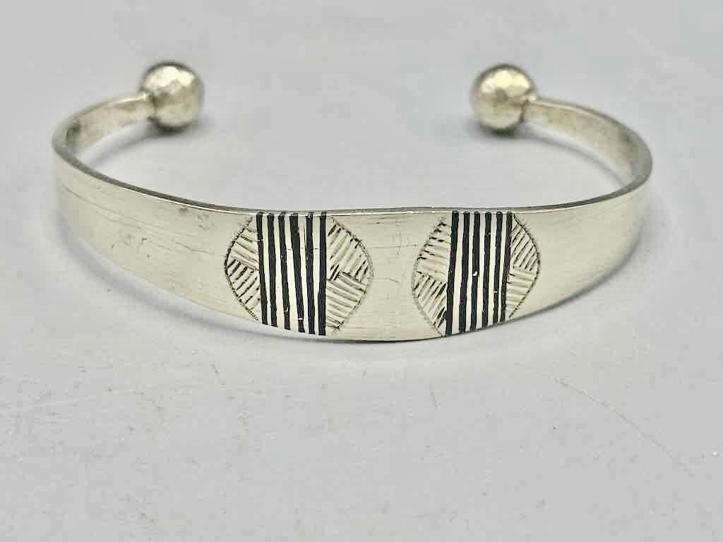 Large Wide Tuareg Inlaid Etched Coin Silver Bracelet