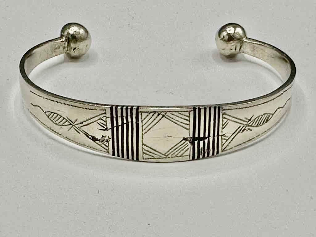 Large Wide Tuareg Inlaid Etched Coin Silver Bracelet