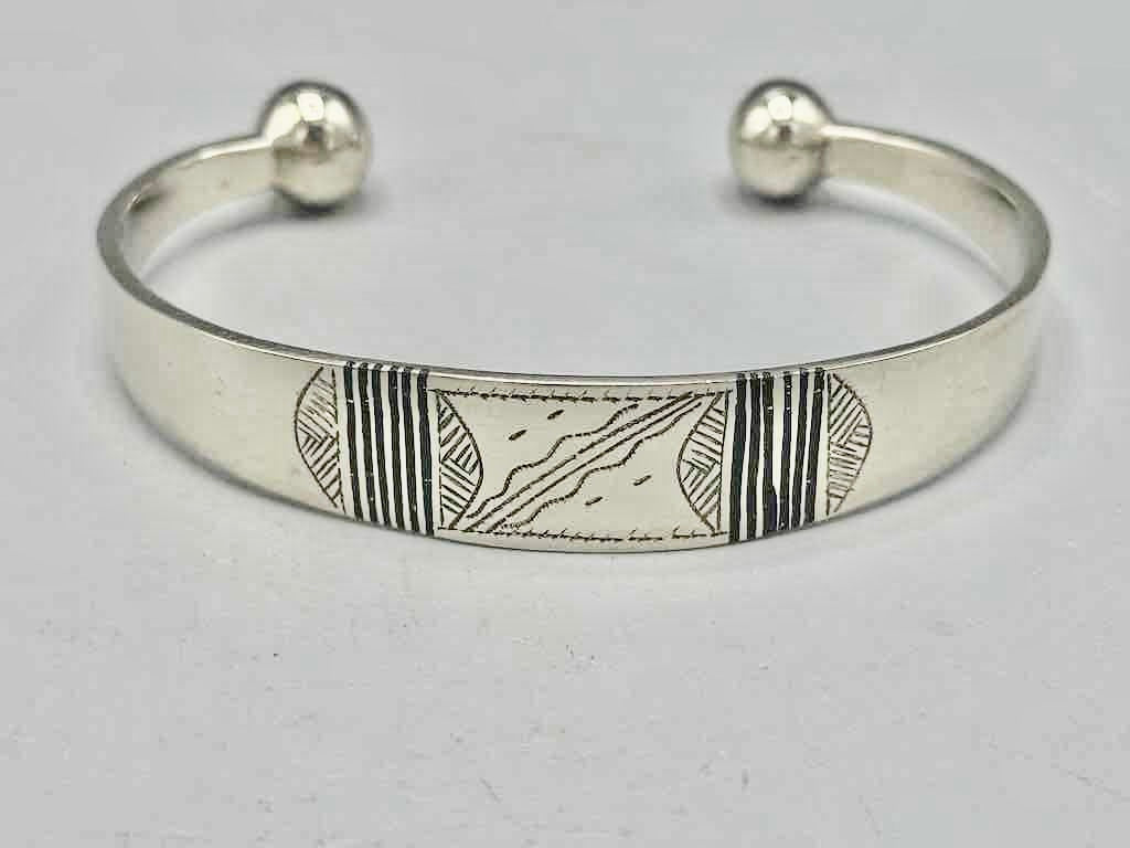 Large Wide Tuareg Inlaid Etched Coin Silver Bracelet