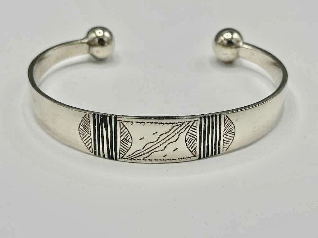 Large Wide Tuareg Inlaid Etched Coin Silver Bracelet