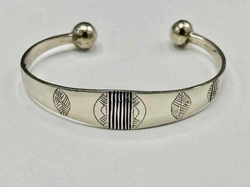 Large Wide Tuareg Inlaid Etched Coin Silver Bracelet