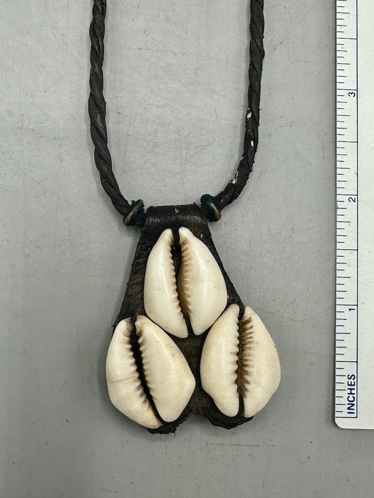 Triple Cowrie Shell Black Leather GriGri Pendant Necklace - Mali