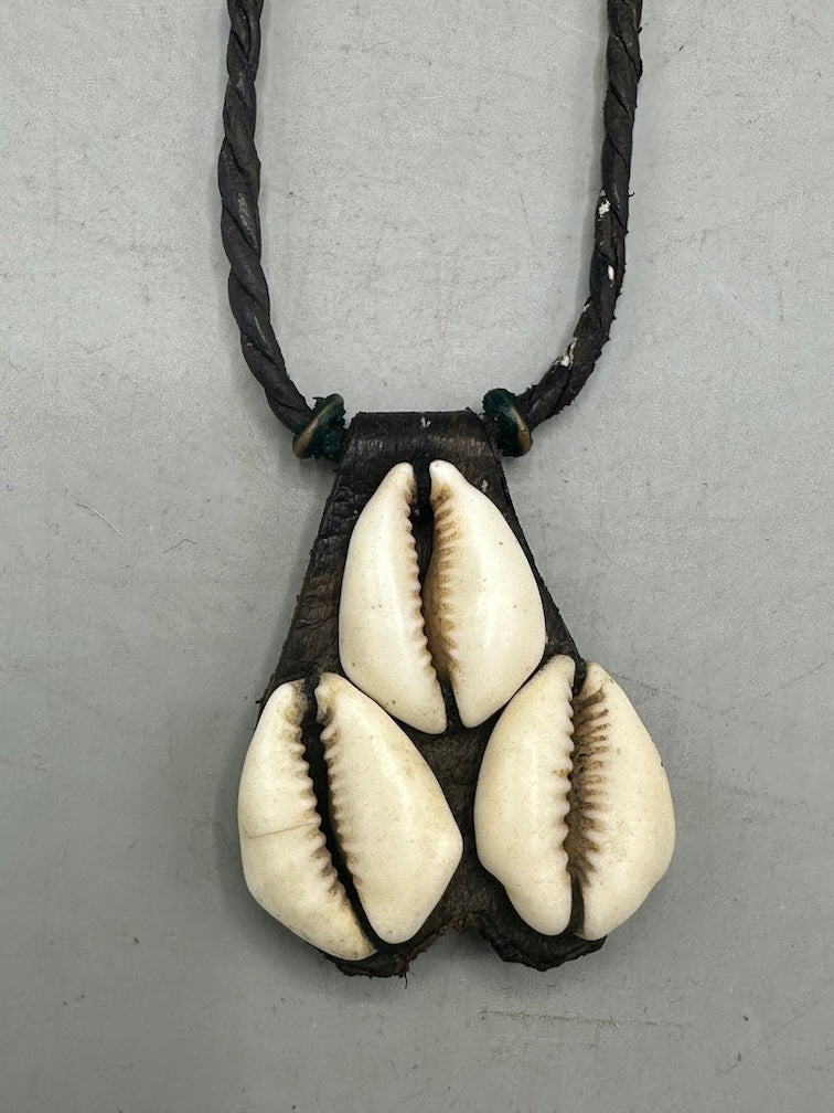 Triple Cowrie Shell Black Leather GriGri Pendant Necklace - Mali