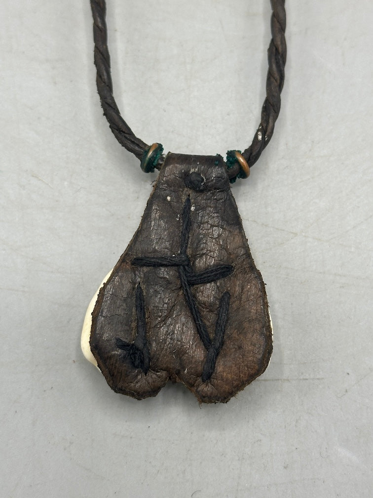 Triple Cowrie Shell Black Leather GriGri Pendant Necklace - Mali