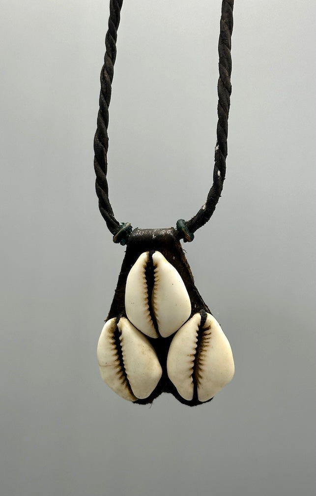 Triple Cowrie Shell Black Leather GriGri Pendant Necklace - Mali