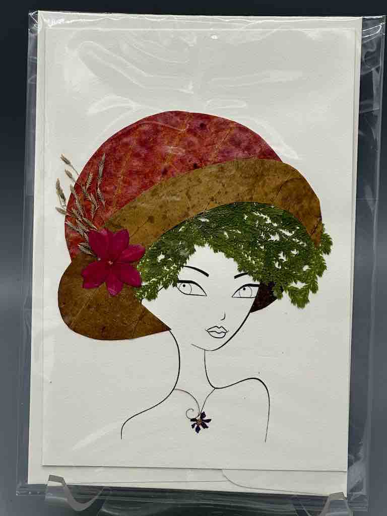 Handmade Pressed Dried Real Flower Greeting Card - Woman Hairdo