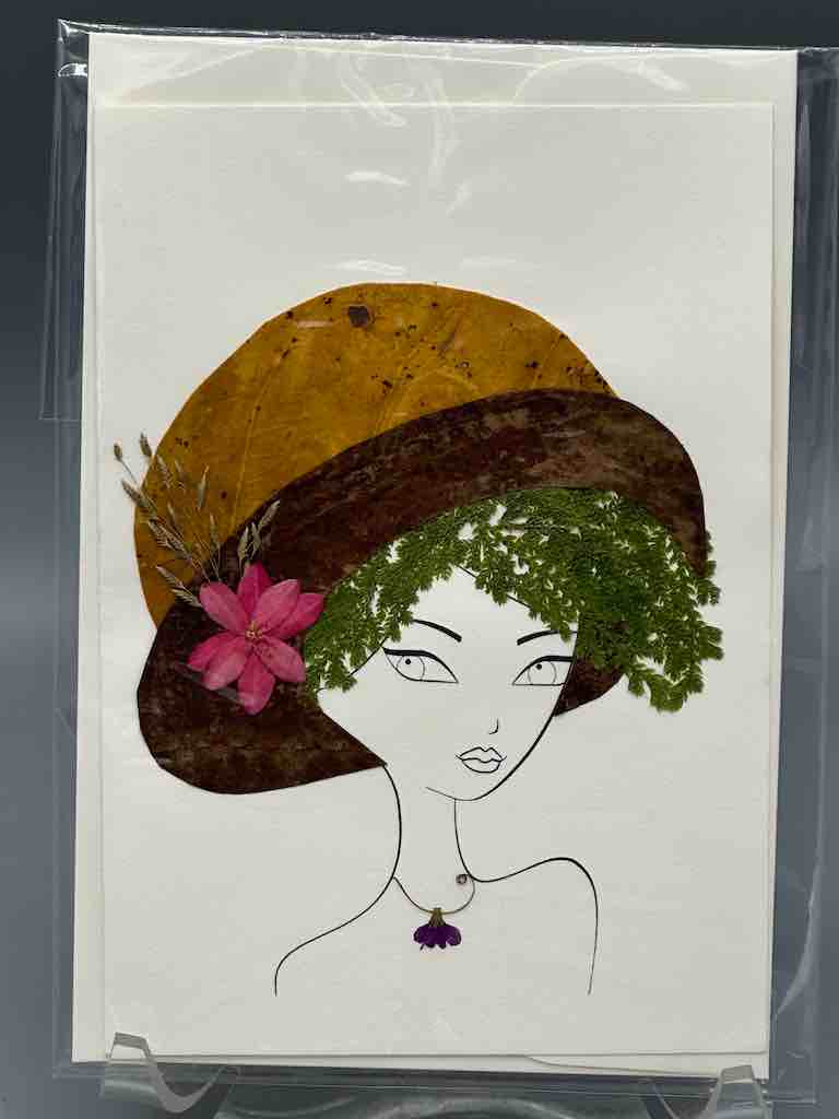 Handmade Pressed Dried Real Flower Greeting Card - Woman Hairdo