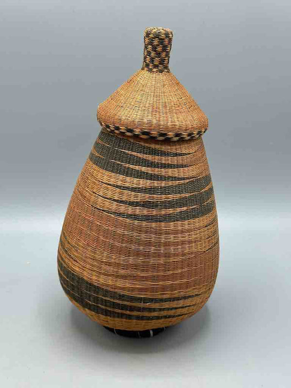 Tutsi Decor Very Detailed Weave Teardrop-Shaped Covered Basket - Rwanda