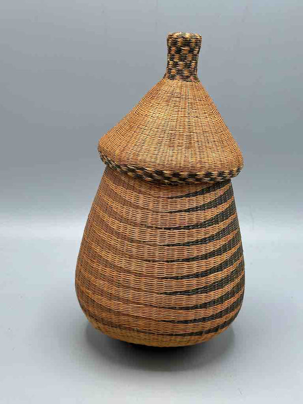 Tutsi Decor Very Detailed Weave Teardrop-Shaped Covered Basket - Rwanda