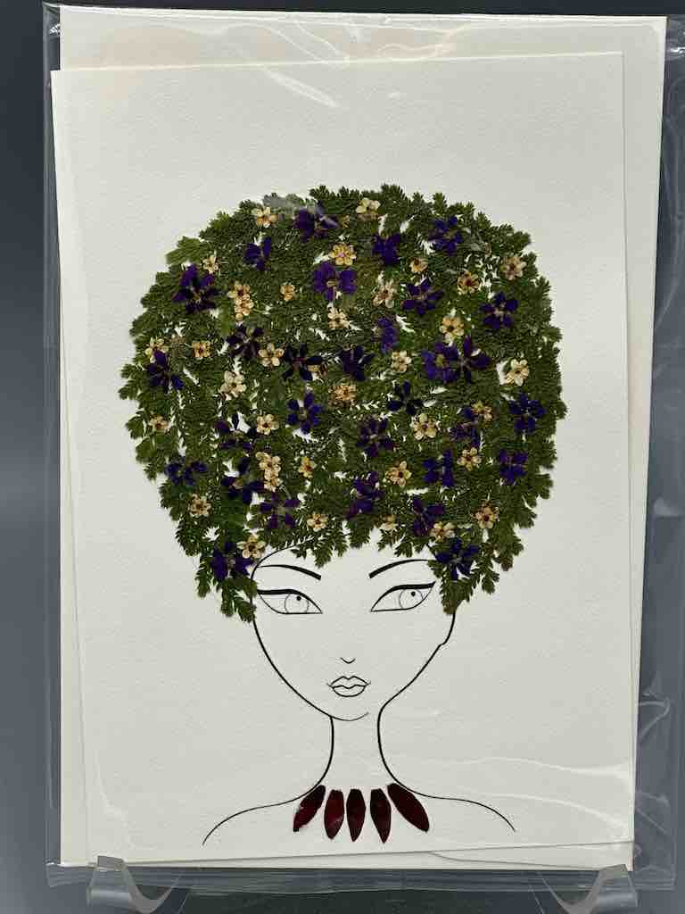 Handmade Pressed Dried Real Flower Greeting Card - Woman Hairdo