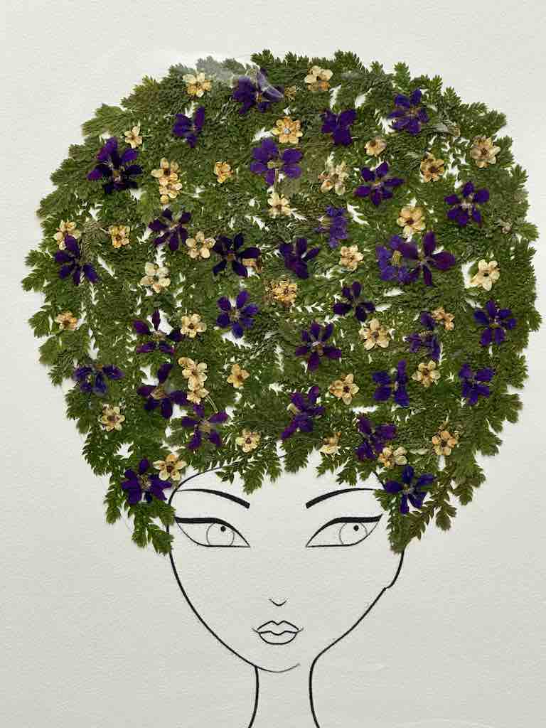 Handmade Pressed Dried Real Flower Greeting Card - Woman Hairdo