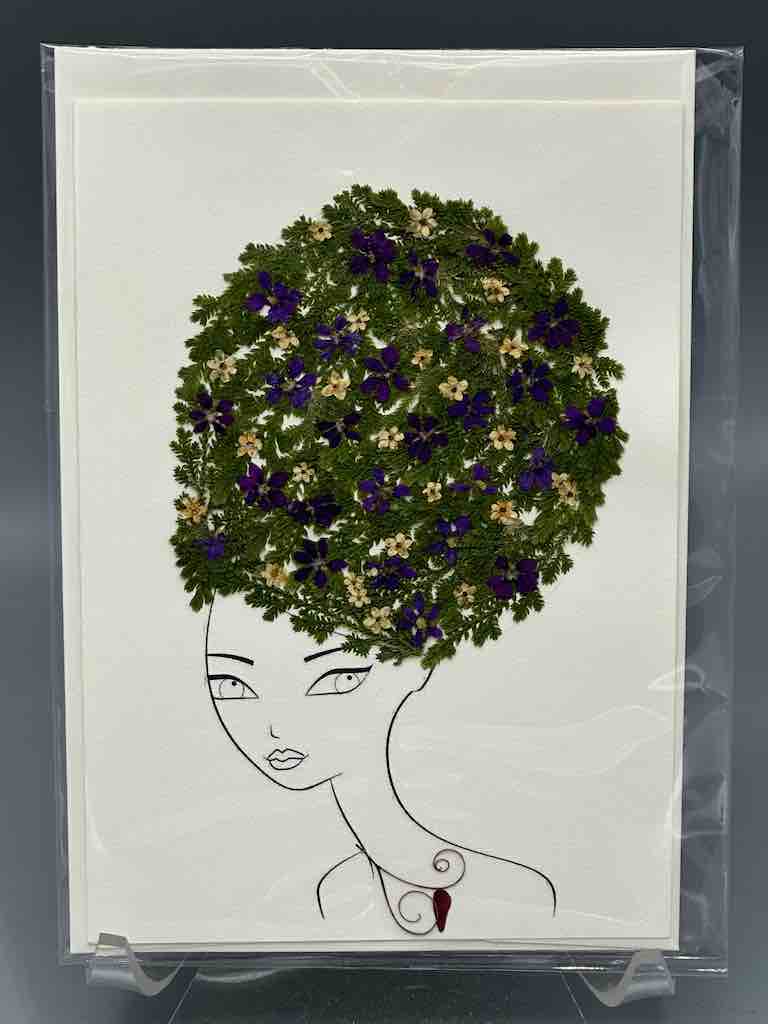 Handmade Pressed Dried Real Flower Greeting Card - Woman Hairdo