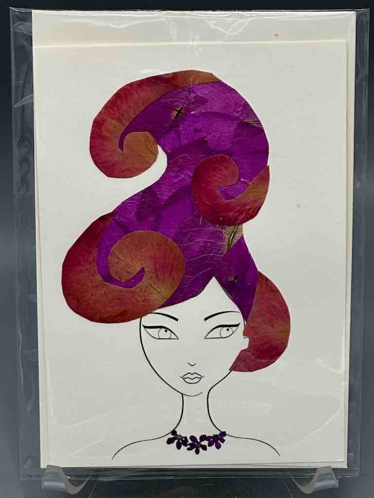 Handmade Pressed Dried Real Flower Greeting Card - Woman Hairdo