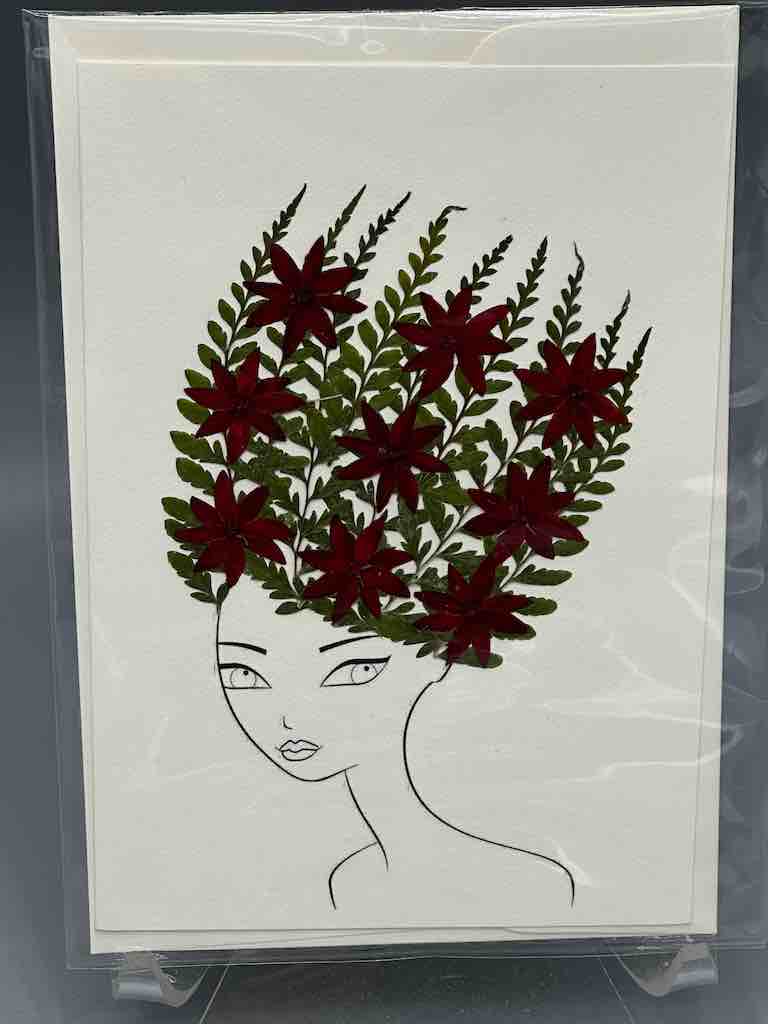 Handmade Pressed Dried Real Flower Greeting Card - Woman Hairdo