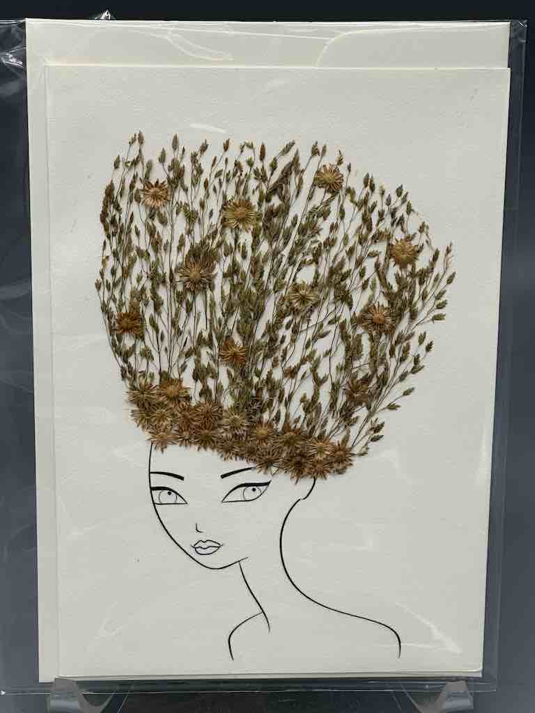 Handmade Pressed Dried Real Flower Greeting Card - Woman Hairdo