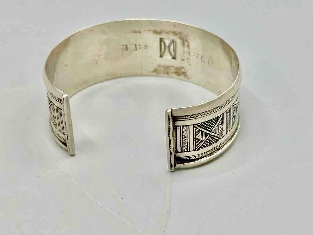 Unique Wide Tuareg Silver Etched-Design Bracelet - Niger