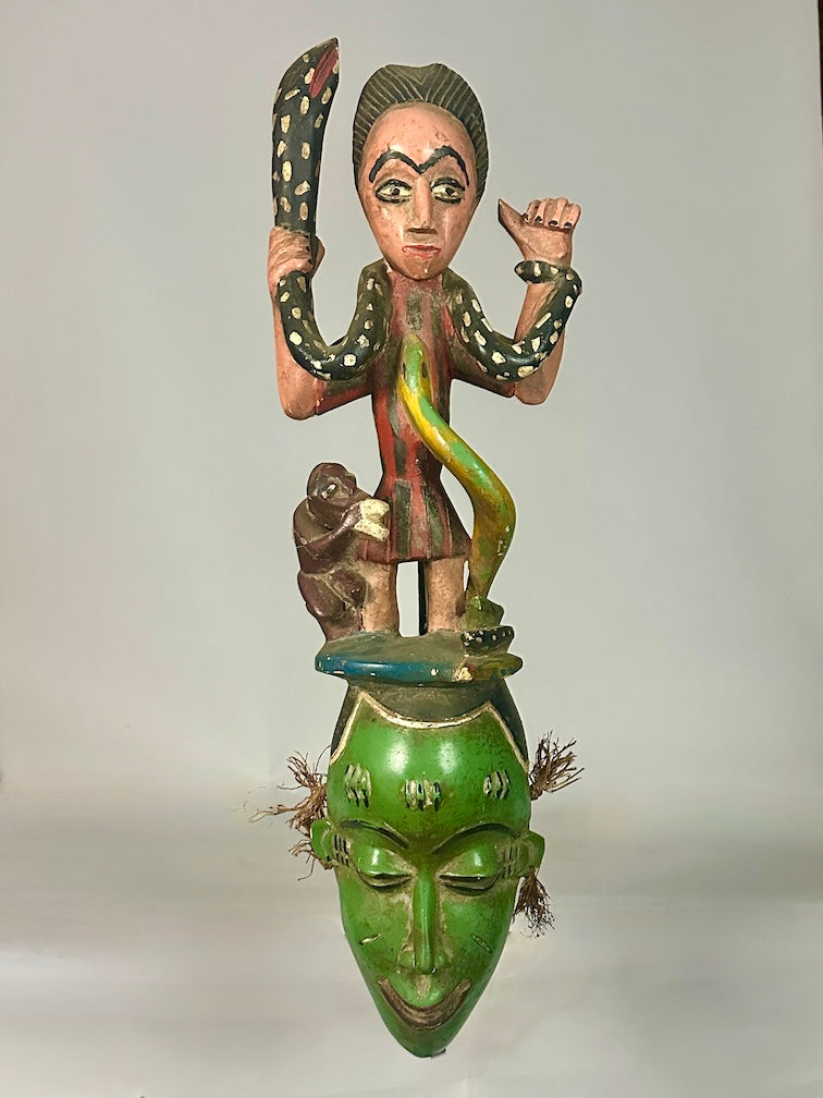 Guro Green Face Man with Snakes Mask - Ivory Coast