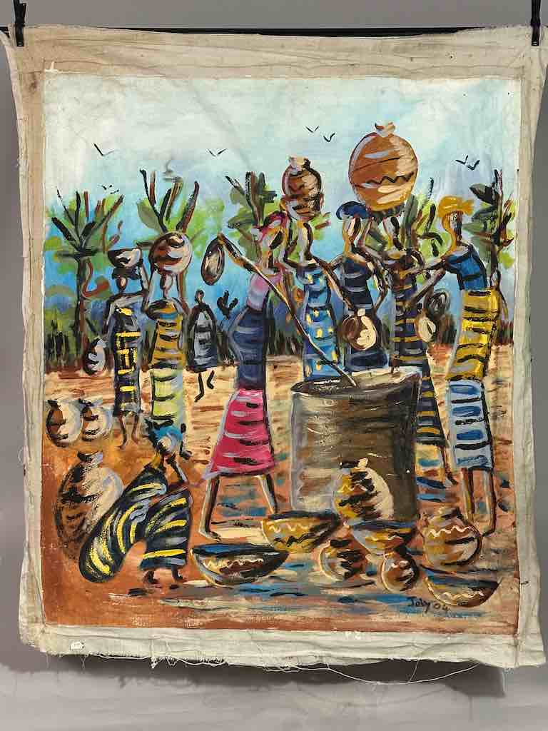 Crowd of Stylized Women at a Well | Large Contemporary African Painting on Canvas Frameable Art | 34 x 39"