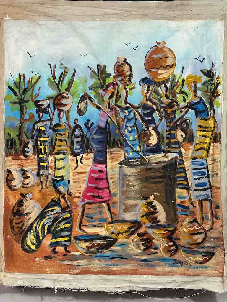 Crowd of Stylized Women at a Well | Large Contemporary African Painting on Canvas Frameable Art | 34 x 39"