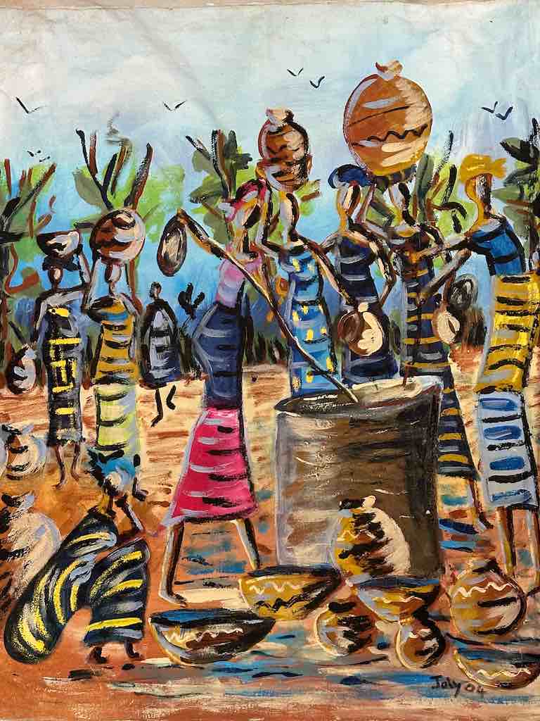 Crowd of Stylized Women at a Well | Large Contemporary African Painting on Canvas Frameable Art | 34 x 39"