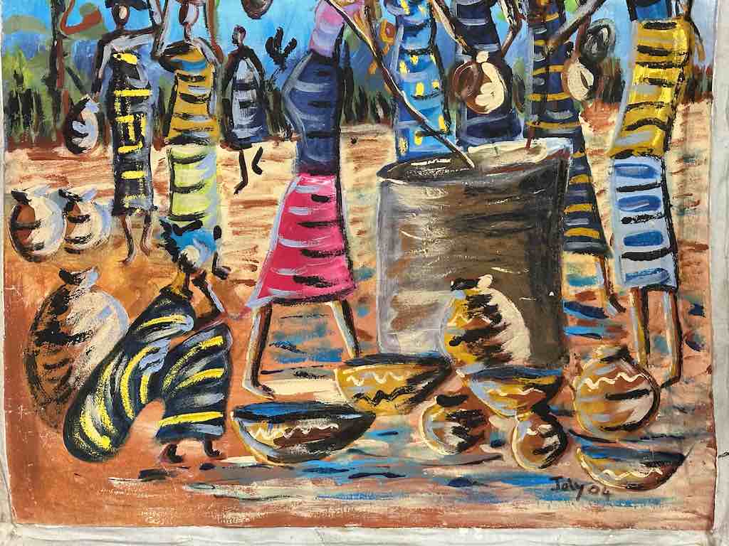 Crowd of Stylized Women at a Well | Large Contemporary African Painting on Canvas Frameable Art | 34 x 39"