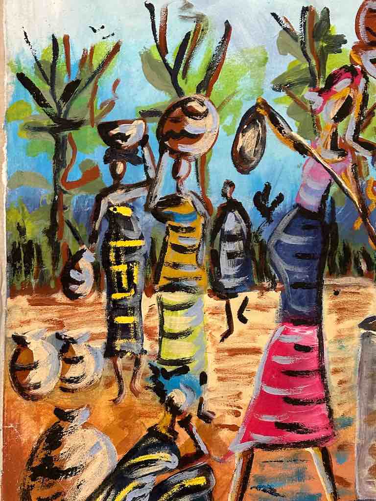 Crowd of Stylized Women at a Well | Large Contemporary African Painting on Canvas Frameable Art | 34 x 39"