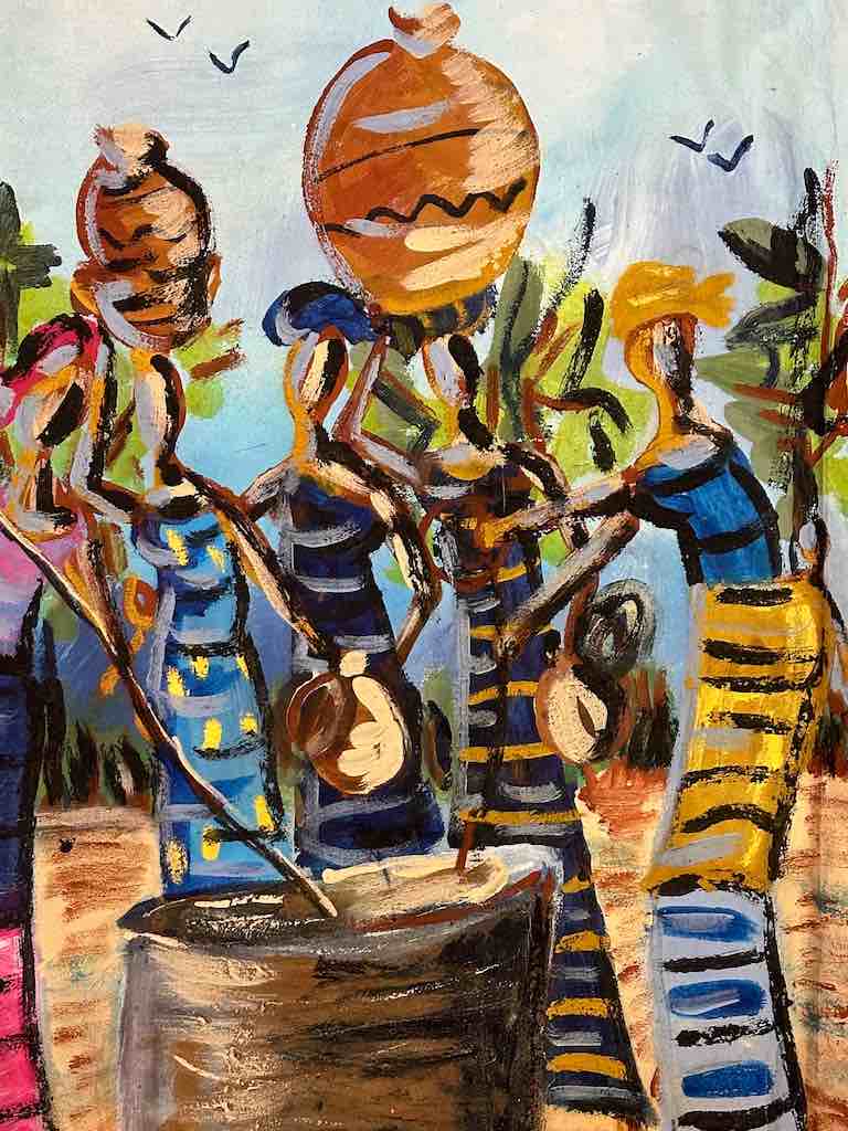 Crowd of Stylized Women at a Well | Large Contemporary African Painting on Canvas Frameable Art | 34 x 39"