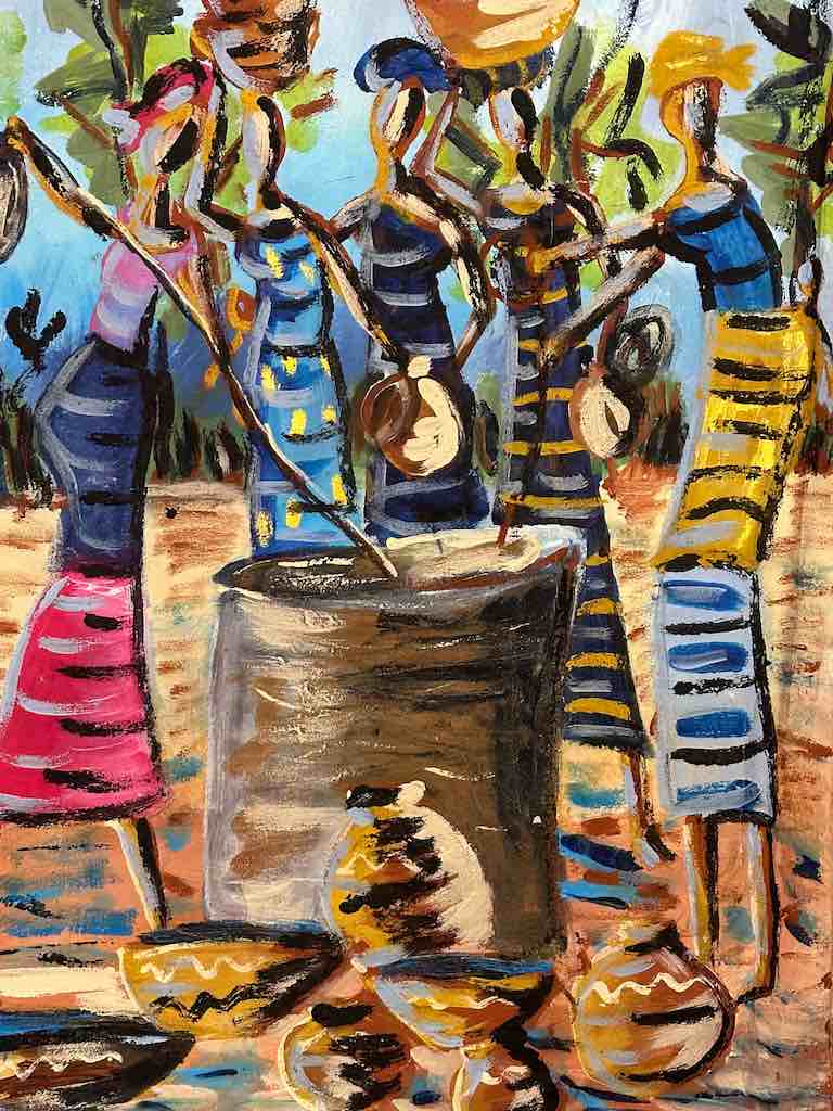 Crowd of Stylized Women at a Well | Large Contemporary African Painting on Canvas Frameable Art | 34 x 39"