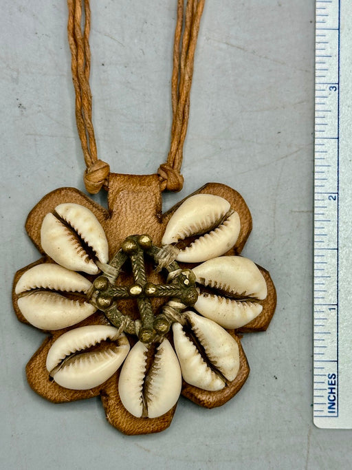 Leather & 7-Cowrie Shell Brass Gold Weight Pendant Necklace - Mali
