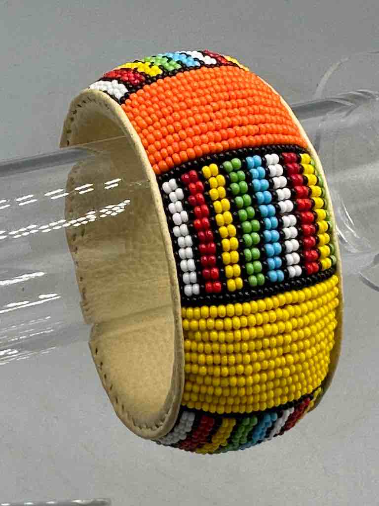 Squares & Stripes Design Wide Beaded Leather Bracelet - Mali