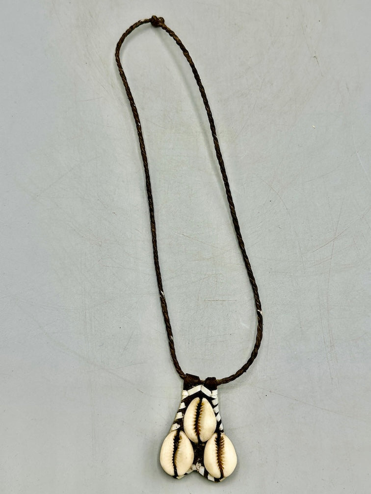 Triple Cowrie Shell Black Leather GriGri Pendant Necklace - Mali