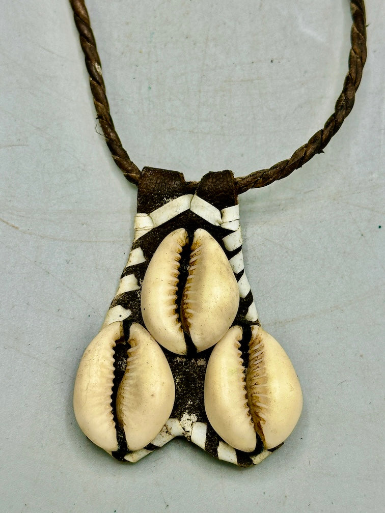 Triple Cowrie Shell Black Leather GriGri Pendant Necklace - Mali
