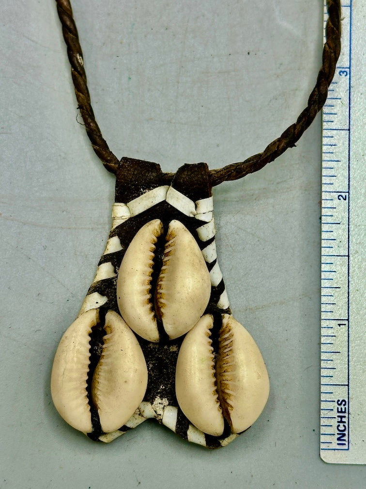 Triple Cowrie Shell Black Leather GriGri Pendant Necklace - Mali