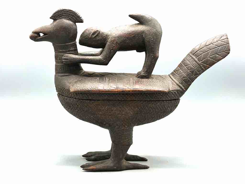 Wooden Chicken & Monkey Ritual Container | Ivory Coast, Africa — Niger Bend