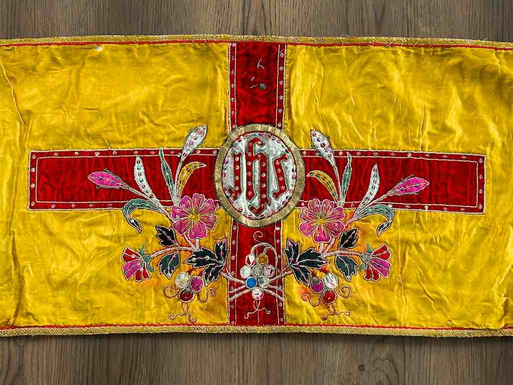 Antique Vietnamese Catholic IHS Design Authentic Ecclesiastical Cloth Altar Textile