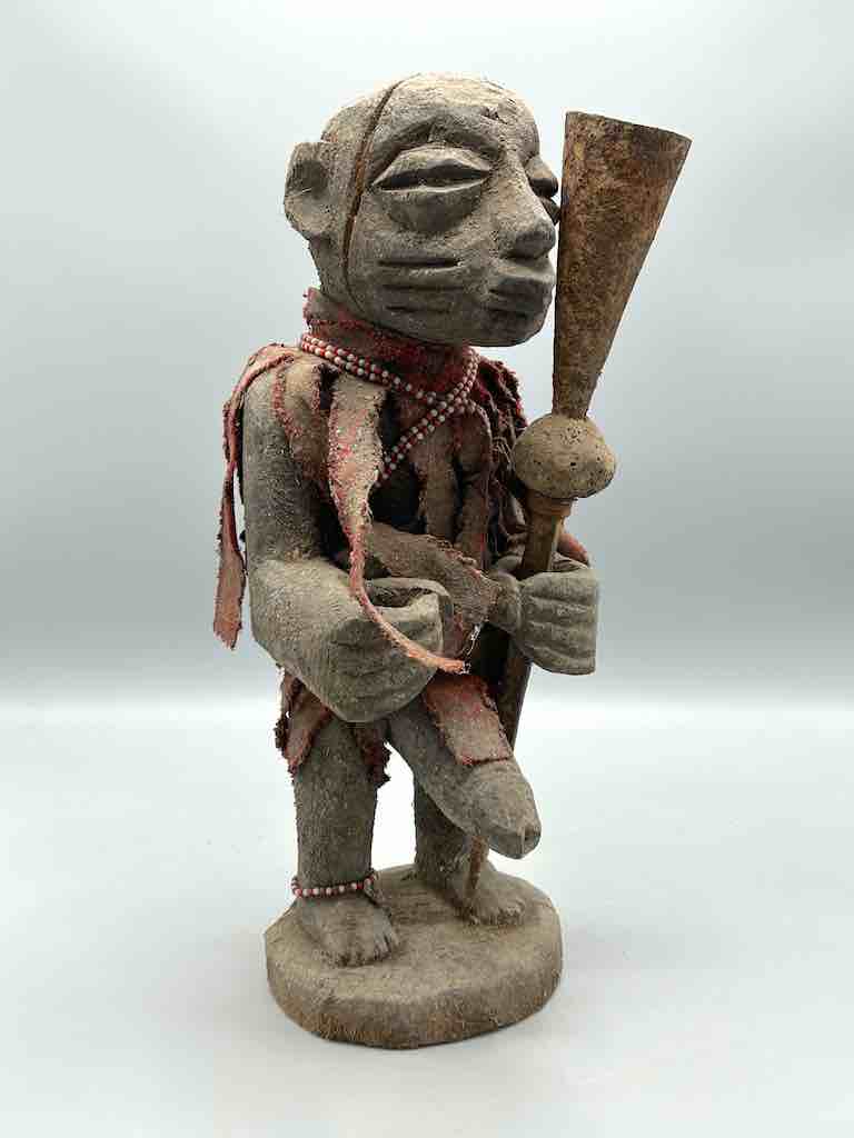 Vintage Fon Standing Man Large Penis Holding Gong Fetish Statue | 15" - Benin