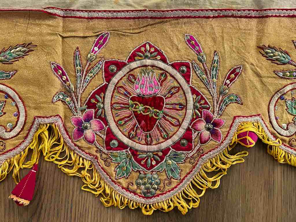 Antique Vietnamese Catholic Lamb of God Flaming Heart Design Authentic Ecclesiastical Cloth Altar Textile