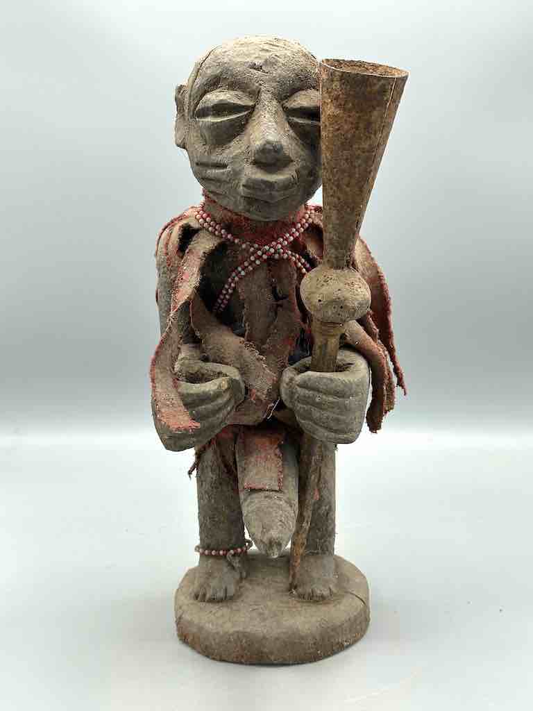 Vintage Fon Standing Man Large Penis Holding Gong Fetish Statue | 15" - Benin