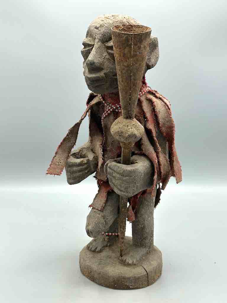 Vintage Fon Standing Man Large Penis Holding Gong Fetish Statue | 15" - Benin