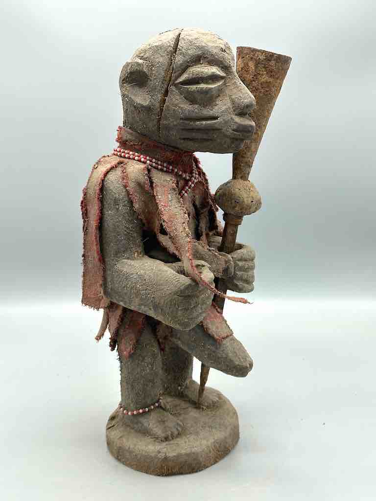 Vintage Fon Standing Man Large Penis Holding Gong Fetish Statue | 15" - Benin