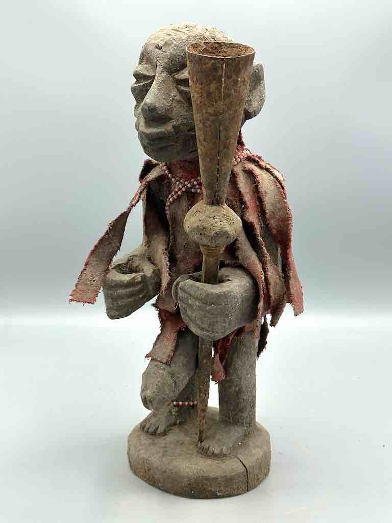 Vintage Fon Standing Man Large Penis Holding Gong Fetish Statue | 15" - Benin