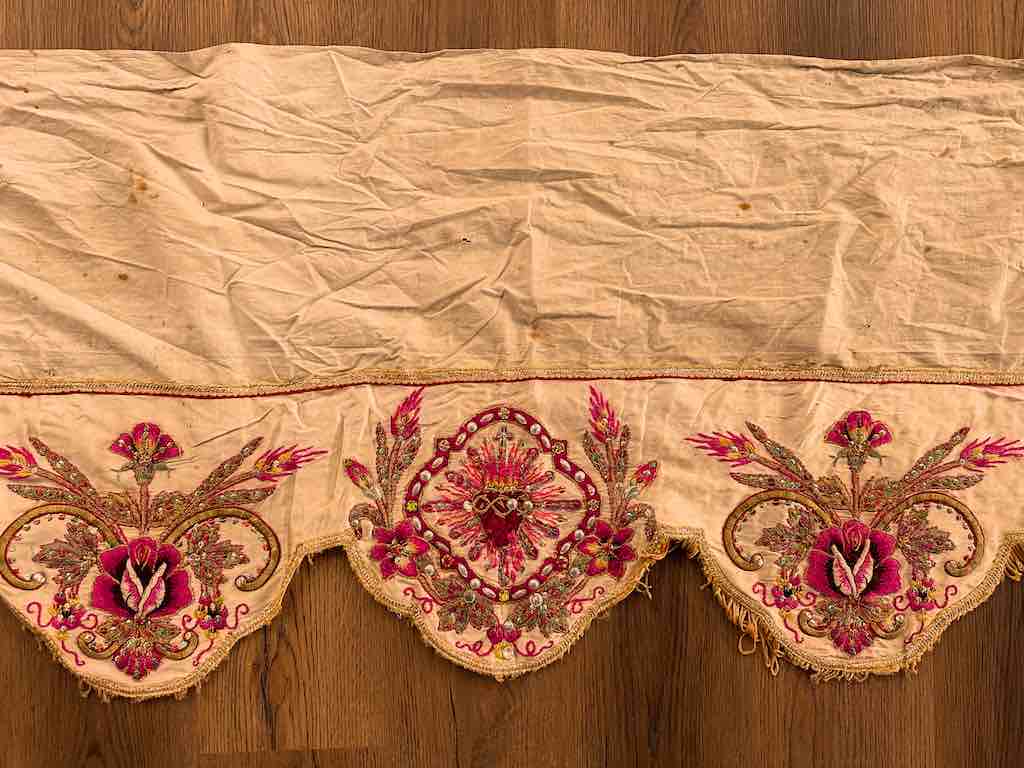 Antique Vietnamese Catholic Flaming Heart Design Authentic Ecclesiastical Cloth Altar Textile